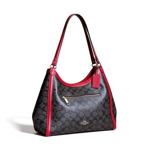 ✨ Coach Signature Zip Shoulder Bag Red Trim Brown Black Canvas Leather NWOT ✨